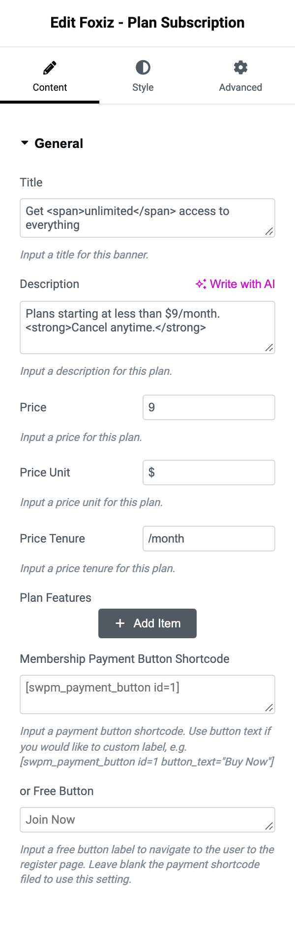 The Content tab of the Foxiz - Plan Subscription block, showing Title, Description, Price, Price Unit, Price Tenure, Plan Features, Membership Payment Button Shortcode and or Free Button