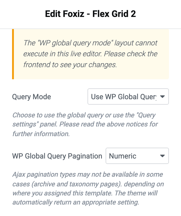 Query Mode set to Use WP Global Query in the block's Template Builder - Global Query section