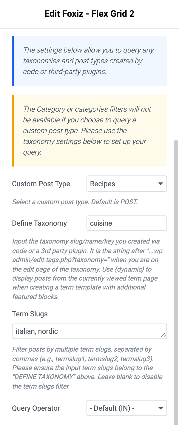 Query Operator, with its - Default (IN) -, NOT IN and AND values