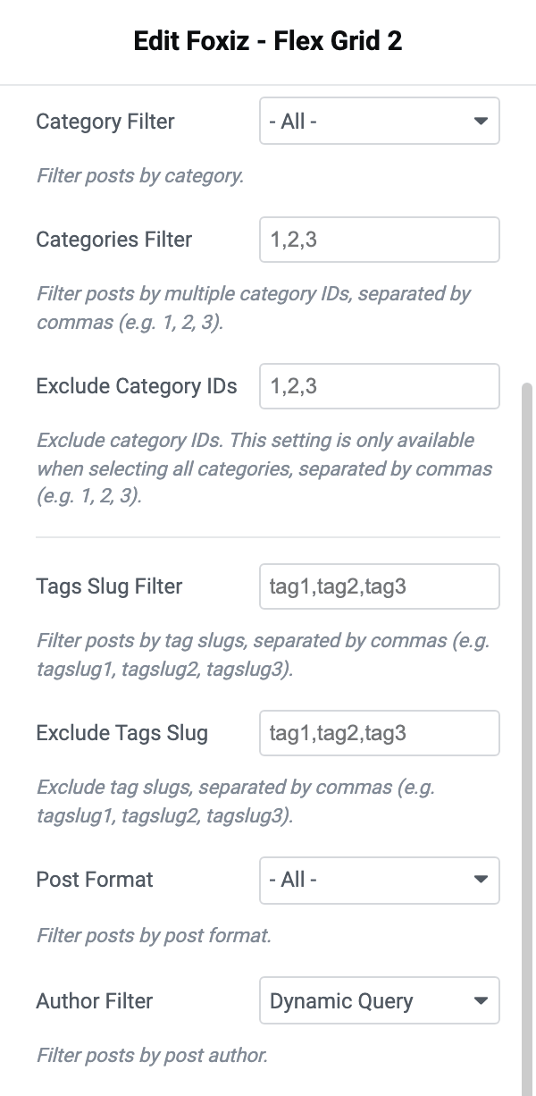 The Query Settings section of a listing block, with Author Filter on Dynamic Query