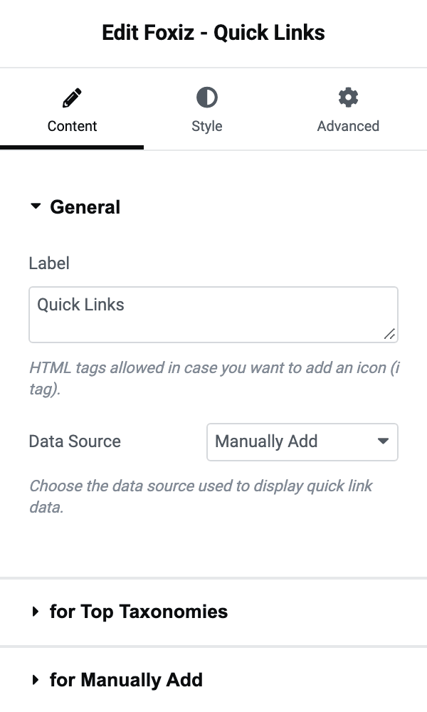The Content tab of Foxiz - Quick Links, with General open above the collapsed for Top Taxonomies and for Manually Add sections