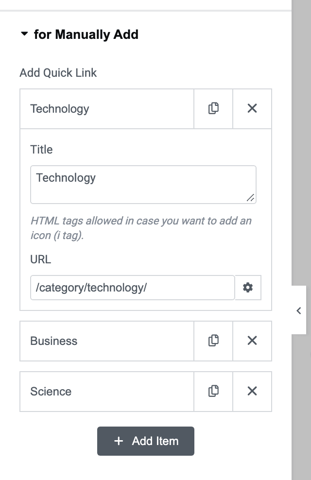 The for Manually Add section with the Add Quick Link repeater open on its first row, showing that row's Title and URL