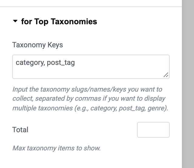 The for Top Taxonomies section, with Taxonomy Keys holding category, post_tag and Total left empty