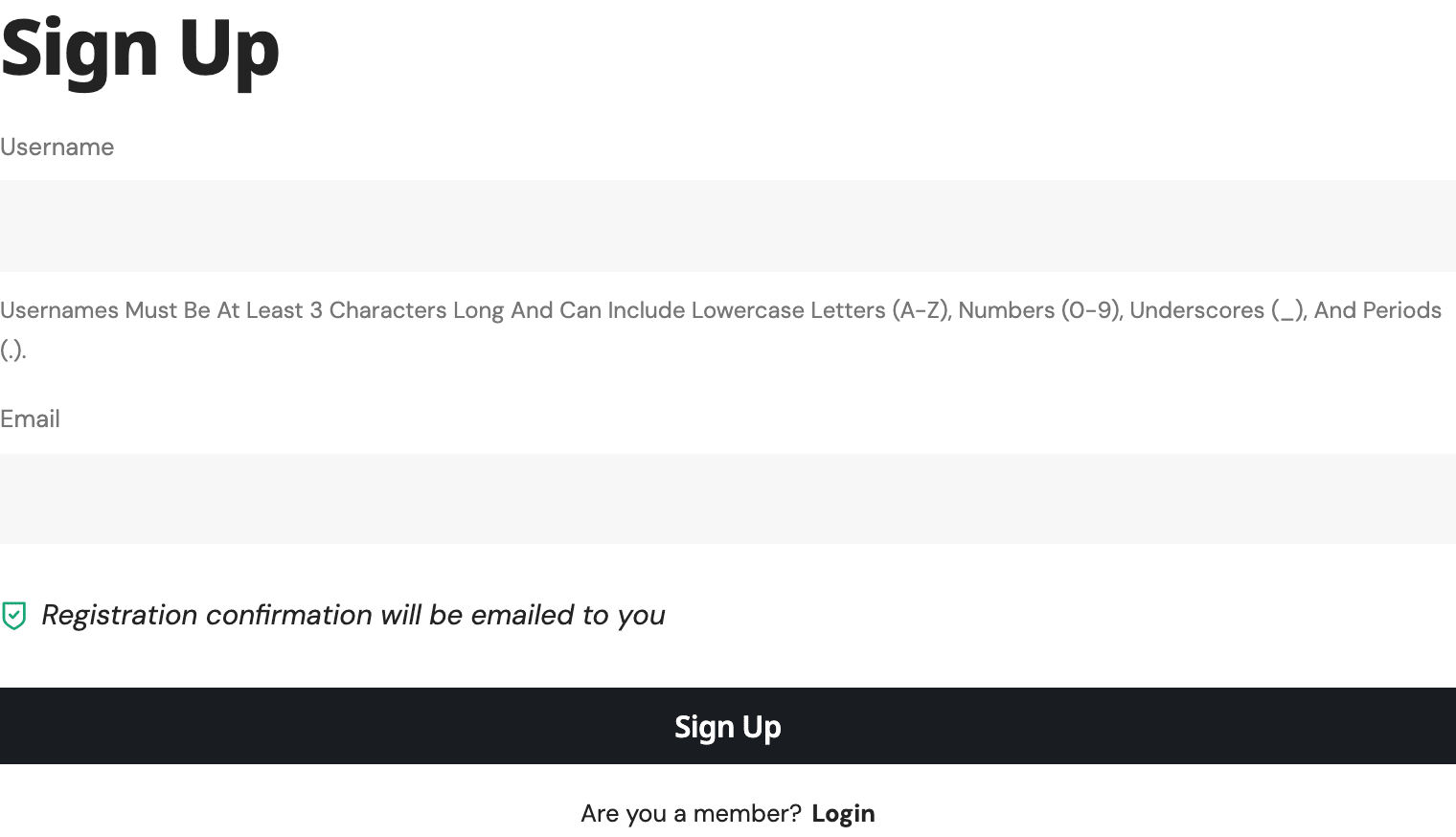 The register block on the canvas: a Sign Up heading, Username and Email fields, the allowed-characters note and a Sign Up button