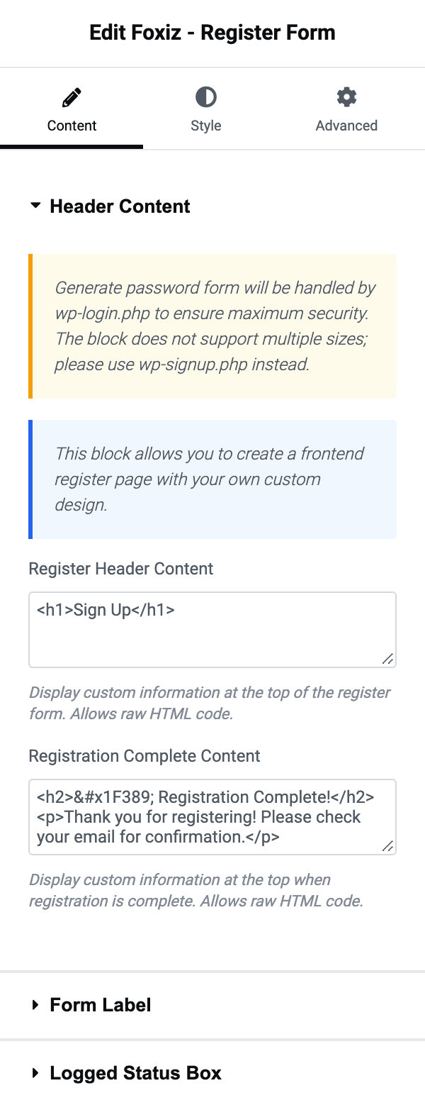 The Content tab of Foxiz - Register Form, its Header Content section open above the collapsed Form Label and Logged Status Box sections