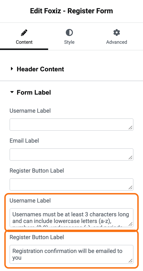 The Content tab of Foxiz - Register Form with its Form Label section open: Username Label, Email Label and Register Button Label, then a second Username Label and a second Register Button Label, the two repeated ones outlined in orange