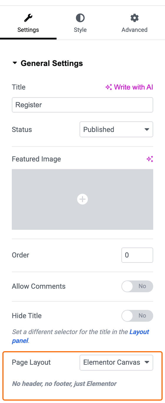 Elementor Page Settings for the Register page, Settings tab: Title Register, and Page Layout set to Elementor Canvas (outlined), No header, no footer, just Elementor