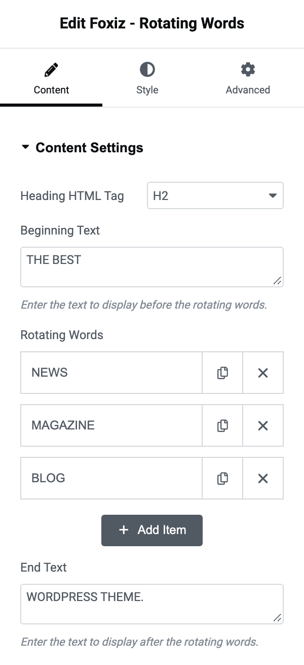 The Content Settings section: Heading HTML Tag, Beginning Text, the three Rotating Words rows and End Text