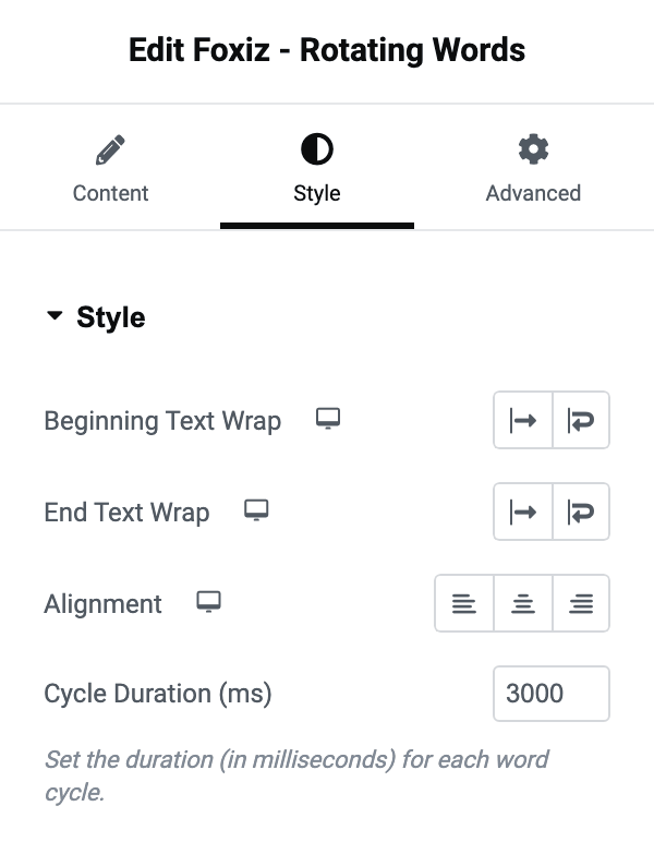 The top of the Style section: Beginning Text Wrap, End Text Wrap, Alignment and Cycle Duration