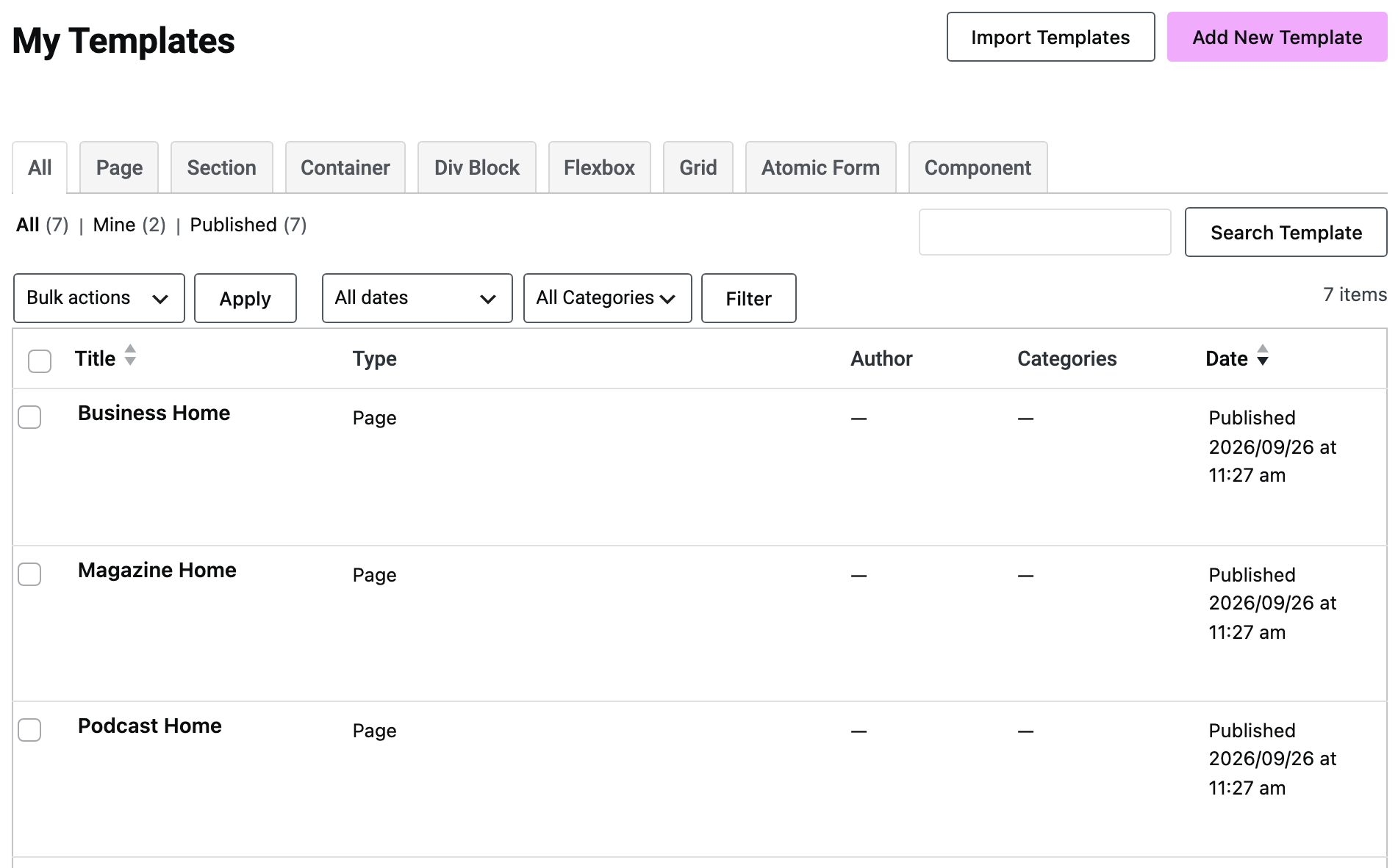 The My Templates screen under Templates > Saved Templates, listing three saved page templates with Import Templates and Add New Template above them