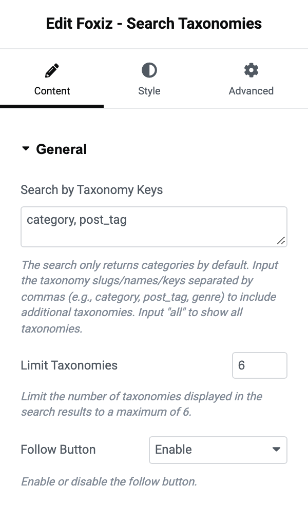 The General section of the Foxiz - Search Taxonomies panel, with category, post_tag in Search by Taxonomy Keys, Limit Taxonomies at 6 and Follow Button set to Enable