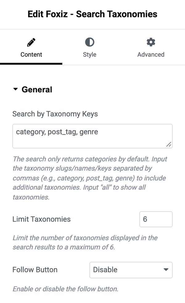 The General section of Foxiz - Search Taxonomies: Search by Taxonomy Keys, Limit Taxonomies and Follow Button
