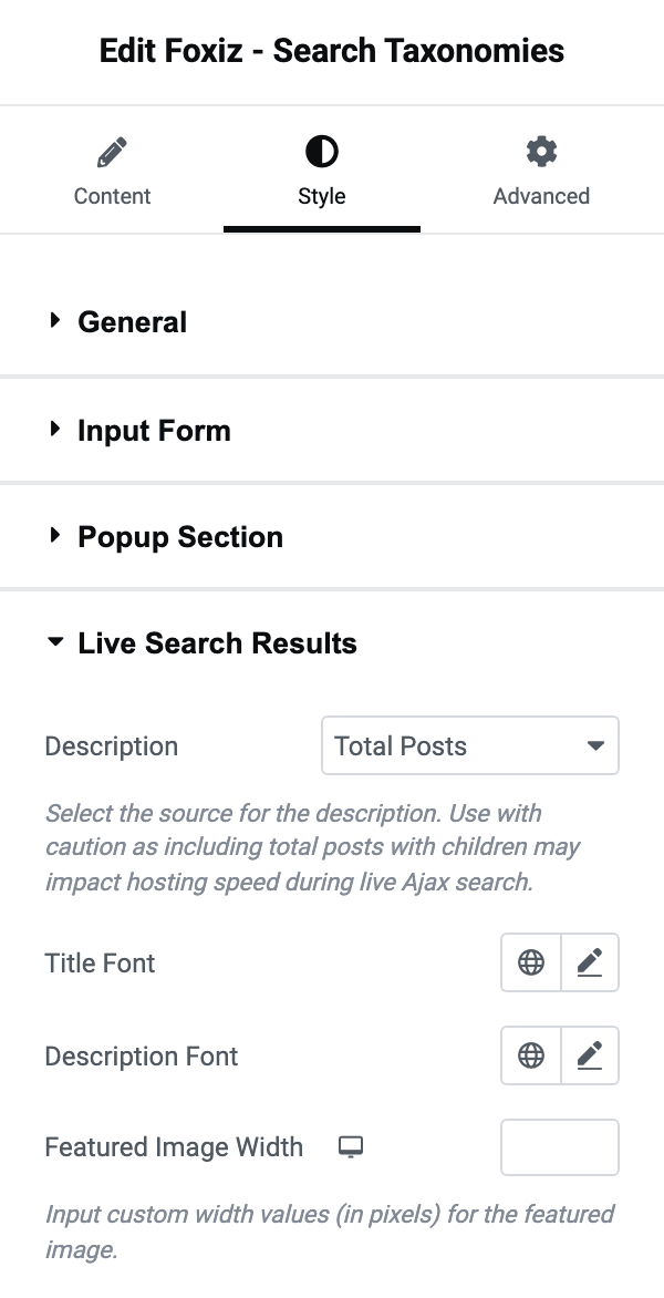 The Live Search Results section, with the Description dropdown on Total Posts and its warning about counting child terms