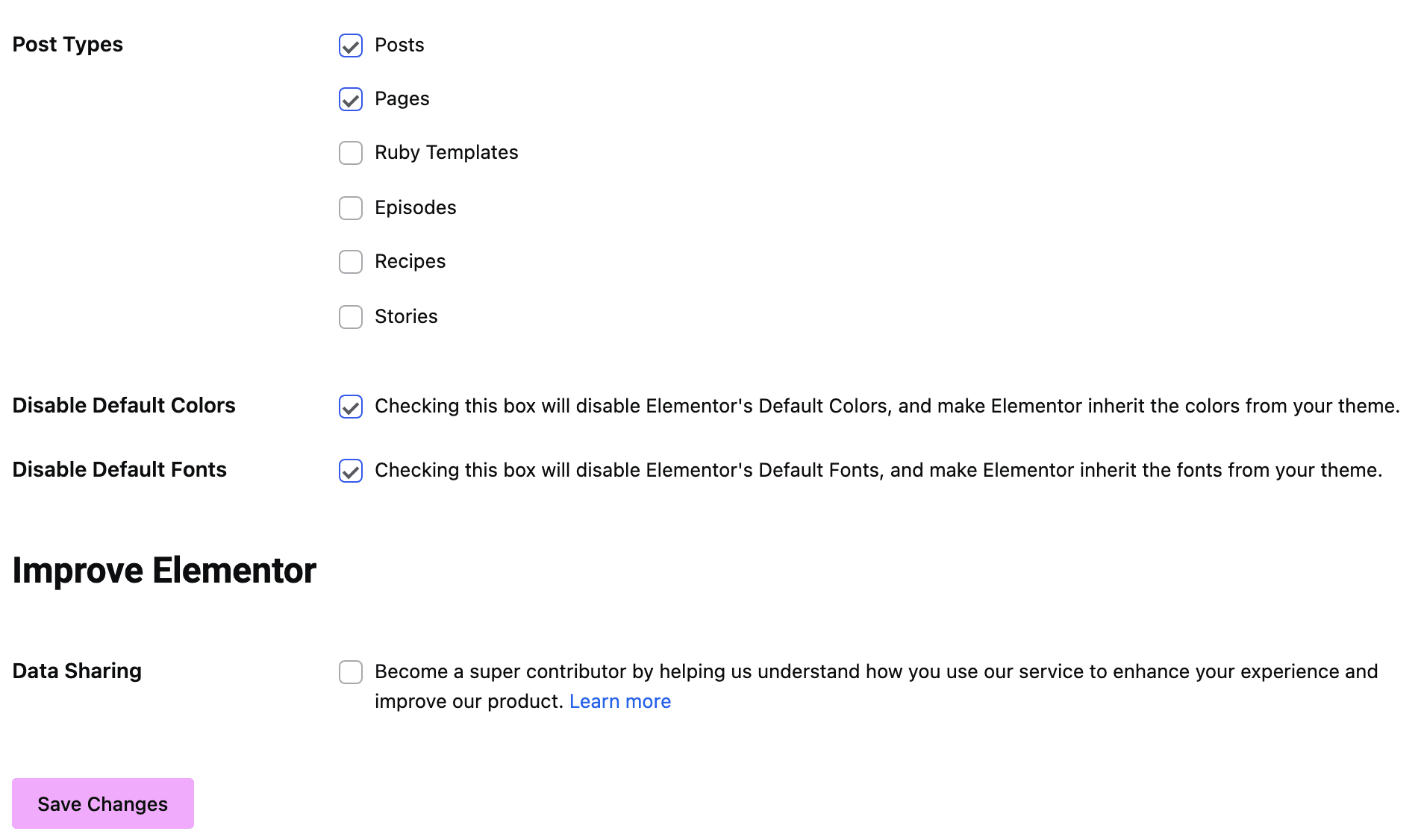 Elementor > Settings on the General tab, with both Disable Default boxes checked and Save Changes below