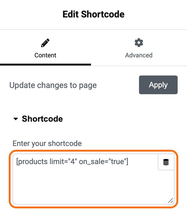 The Shortcode widget's Content tab in Elementor, with [products limit="4" on_sale="true"] pasted into Enter your shortcode, outlined in orange