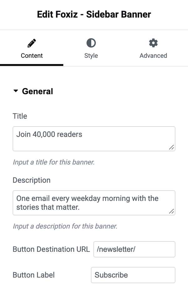 The General section of Foxiz - Sidebar Banner, arriving filled with placeholder Title, Description, Button Destination URL and Button Label