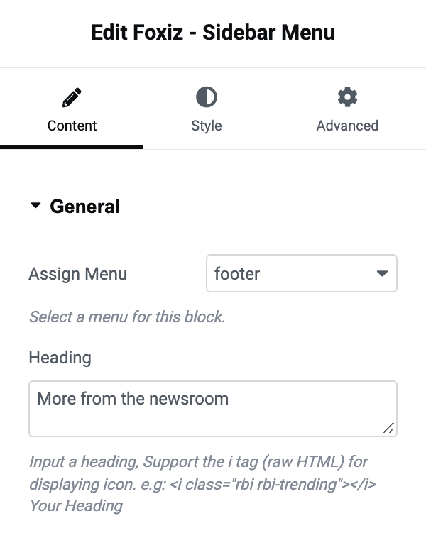 The General section of Foxiz - Sidebar Menu: the Assign Menu dropdown and the optional Heading