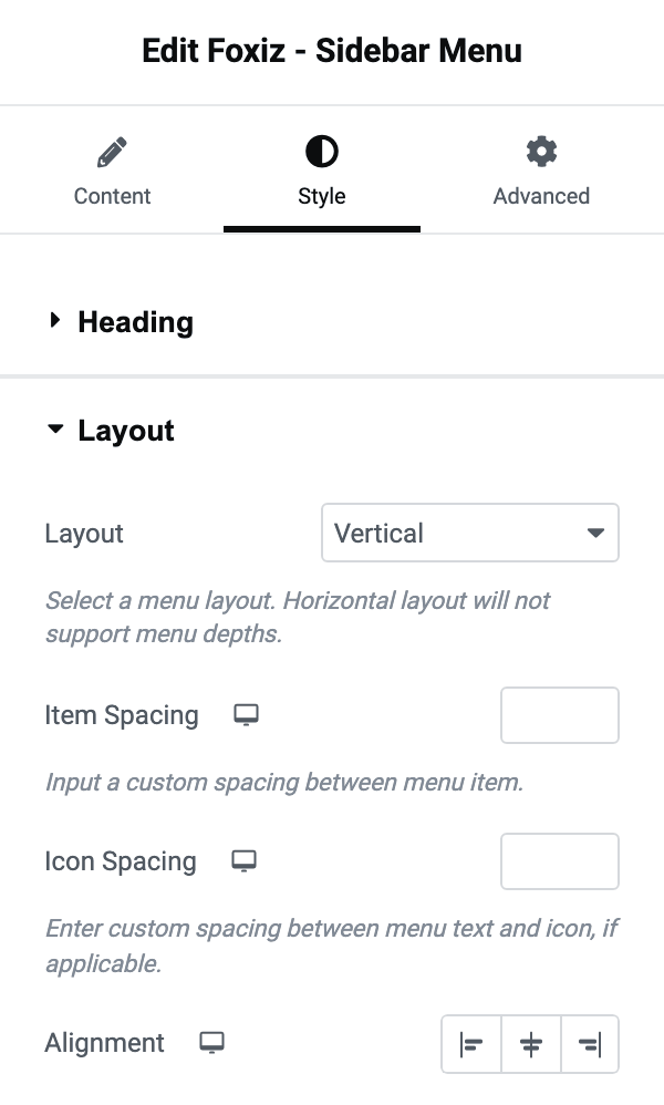 The Layout section on the Style tab: Layout, Item Spacing, Icon Spacing and Alignment