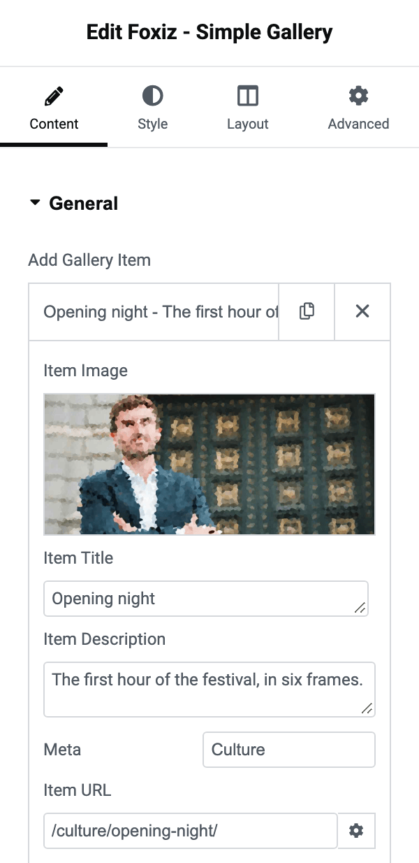 One Add Gallery Item row open on Foxiz - Simple Gallery, showing Item Image, Item Title, Item Description, Meta and Item URL