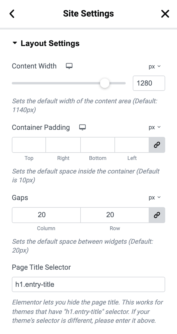 Site Settings > Layout, with Content Width set to 1280 and the Gaps between widgets at 20