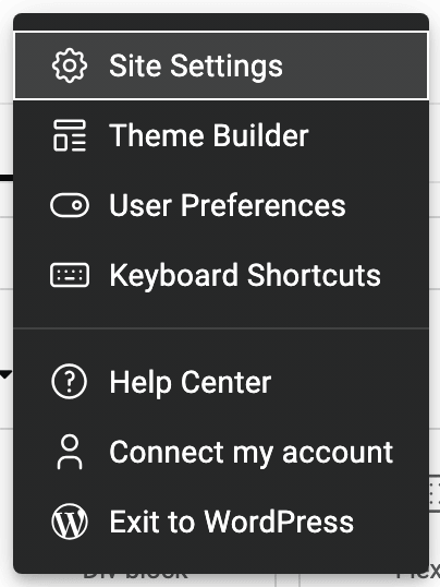 The Elementor logo menu, with Site Settings first