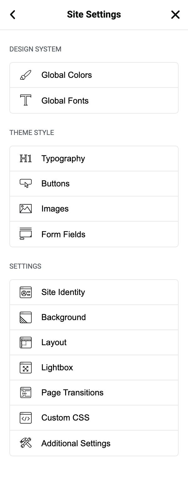 The Site Settings panel, with Layout in the SETTINGS group below Design System and Theme Style