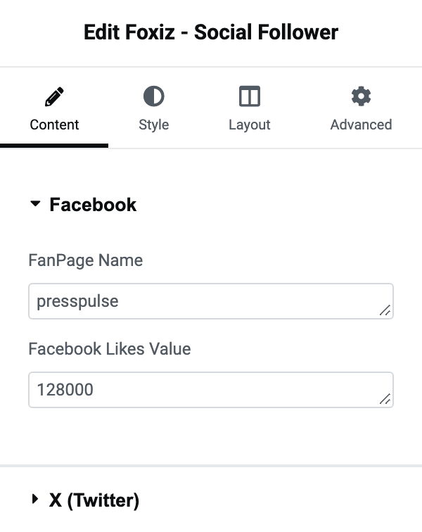 The Facebook section of Foxiz - Social Follower, holding FanPage Name and Facebook Likes Value, with the X (Twitter) section below it