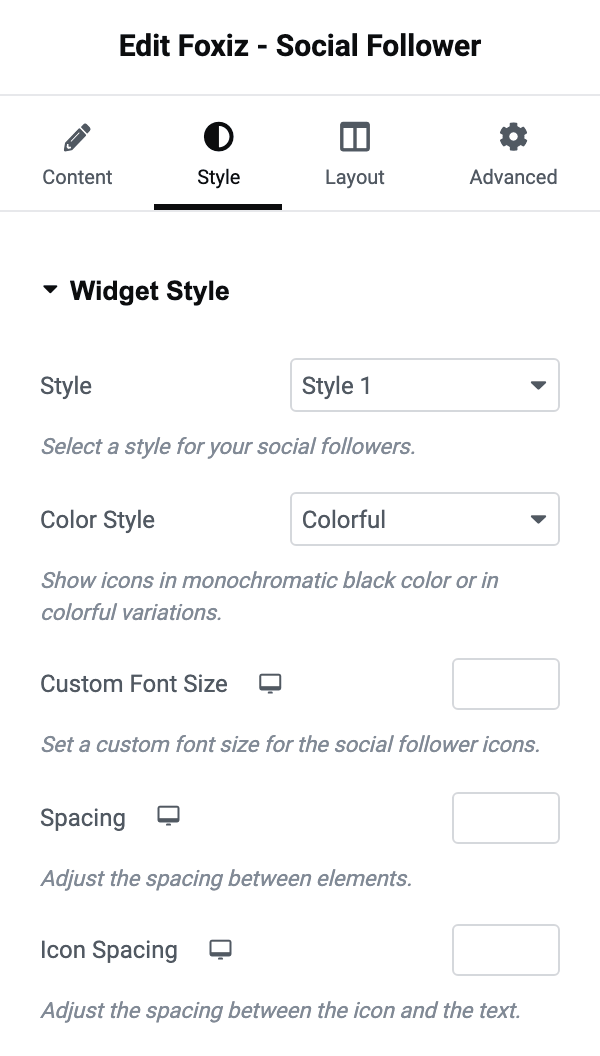 The Widget Style section: Style, Color Style, Custom Font Size, Spacing and Icon Spacing