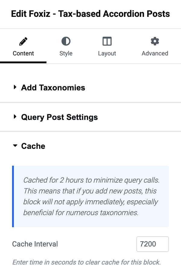 The Cache section with its notice and Cache Interval holding 7200