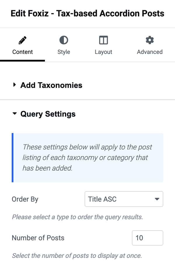 The Query Settings section: Order By on Title ASC and Number of Posts on 10