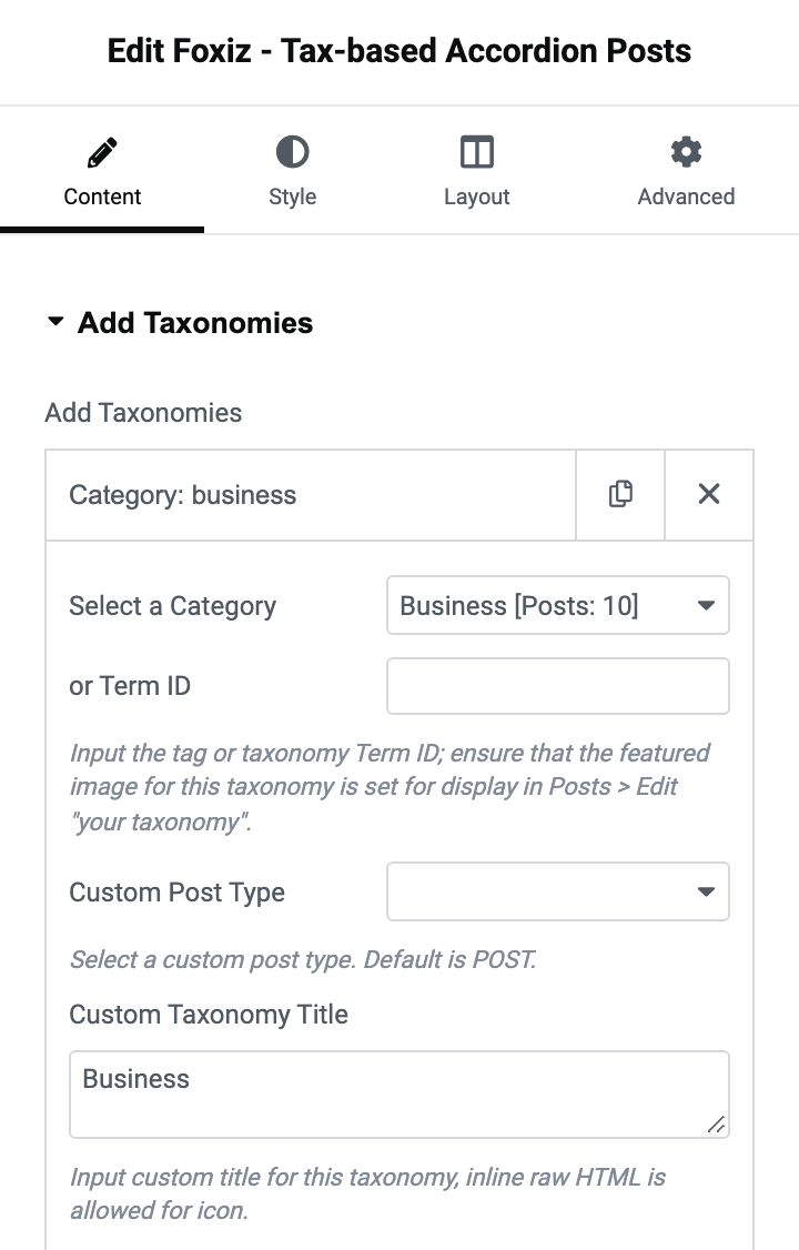 One Add Taxonomies row open, showing Select a Category, or Term ID, Custom Post Type and Custom Taxonomy Title