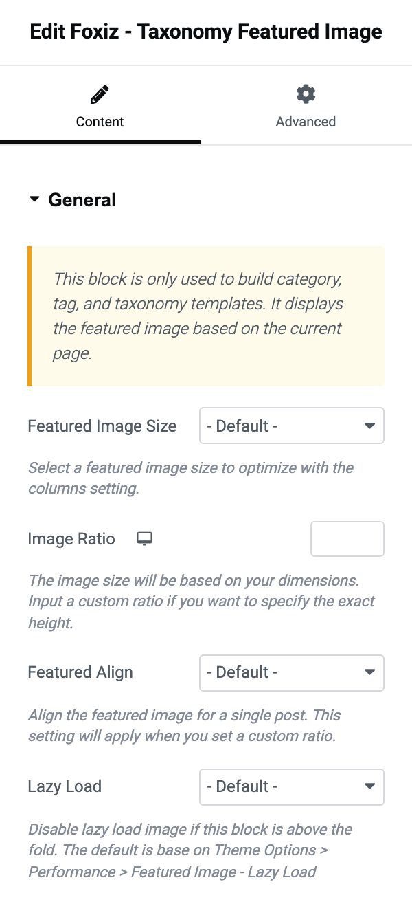 The General section of Foxiz - Taxonomy Featured Image: Featured Image Size, Image Ratio, Featured Align and Lazy Load