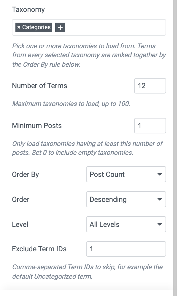 The automatic half of the Taxonomies section: Taxonomy, Number of Terms, Minimum Posts, Order By, Order, Level and Exclude Term IDs