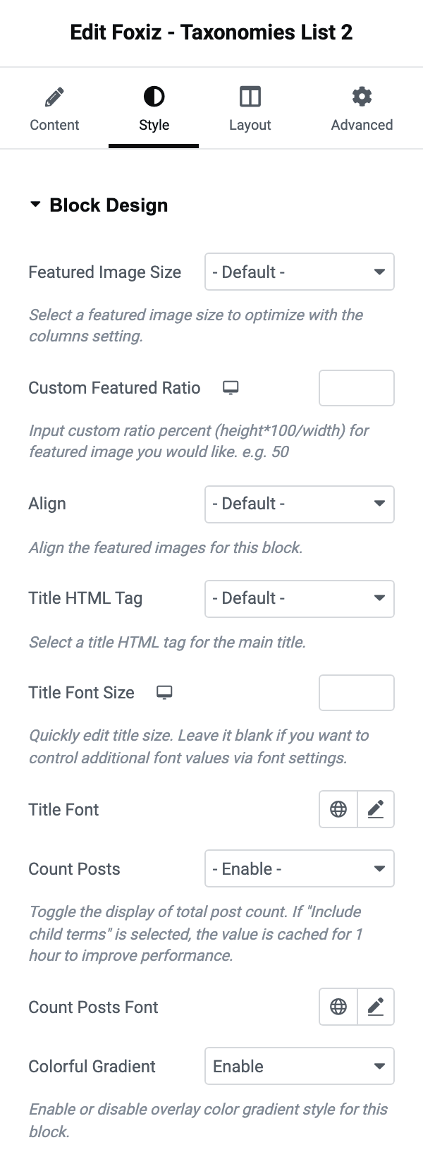 The Block Design section of Foxiz - Taxonomies List 2, from Featured Image Size down to Colorful Gradient