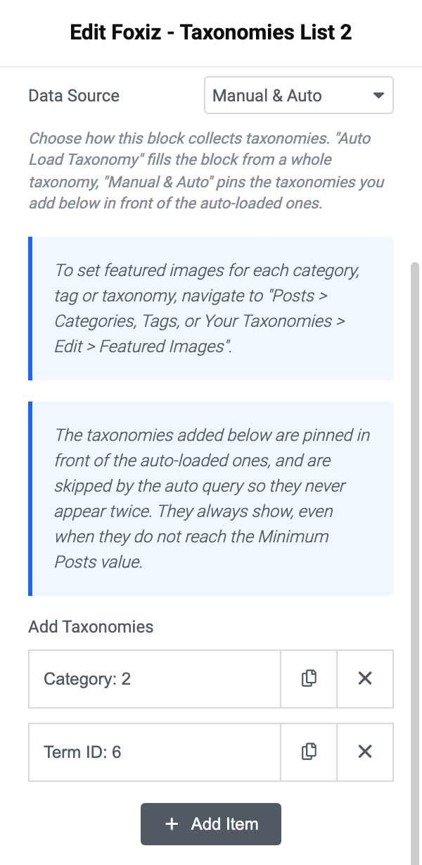 The Taxonomies section with Data Source set to Manual & Auto, showing the Add Taxonomies repeater below it
