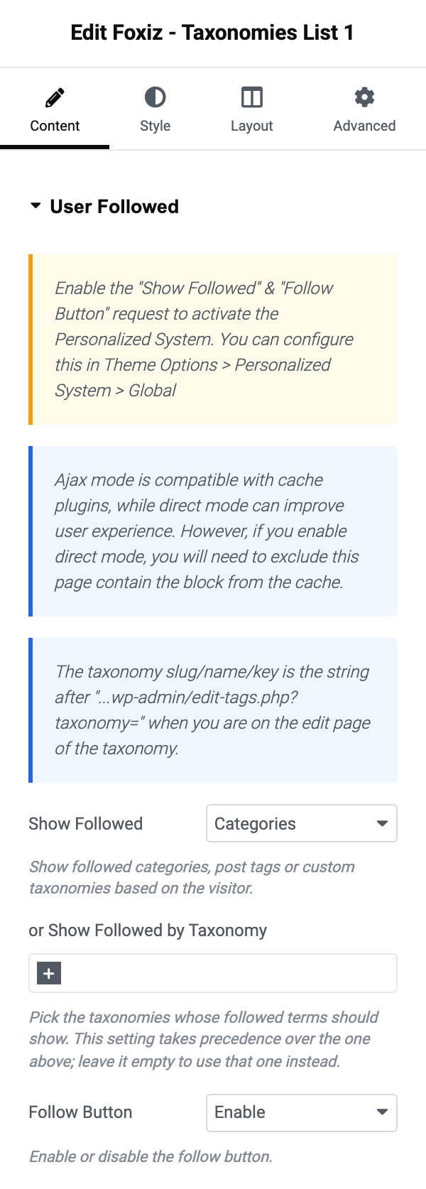 The User Followed section of the Foxiz - Taxonomies List 1 panel with Show Followed set to Categories and Follow Button set to Enable