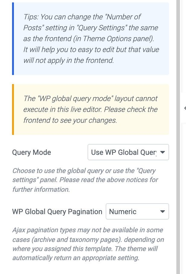 The Template Builder - Global Query section of a listing block with Query Mode set to Use WP Global Query and WP Global Query Pagination on Numeric