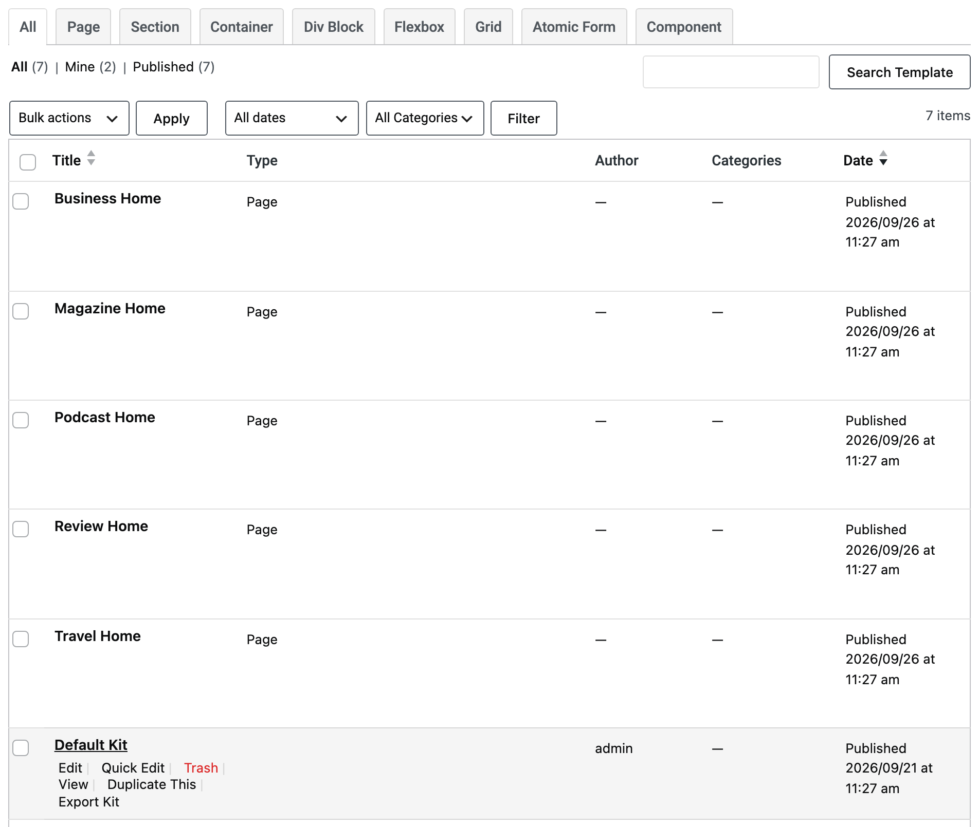 The full Elementor template list on its All tab, with the Default Kit row showing its Edit link