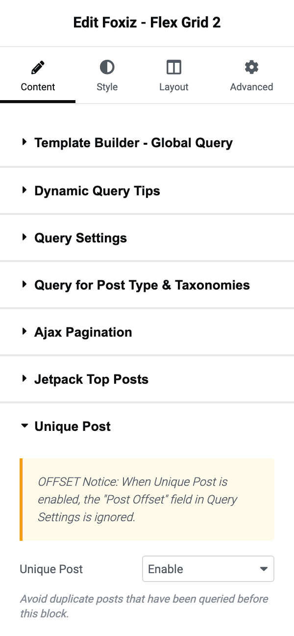 The Unique Post section of a block's Content tab