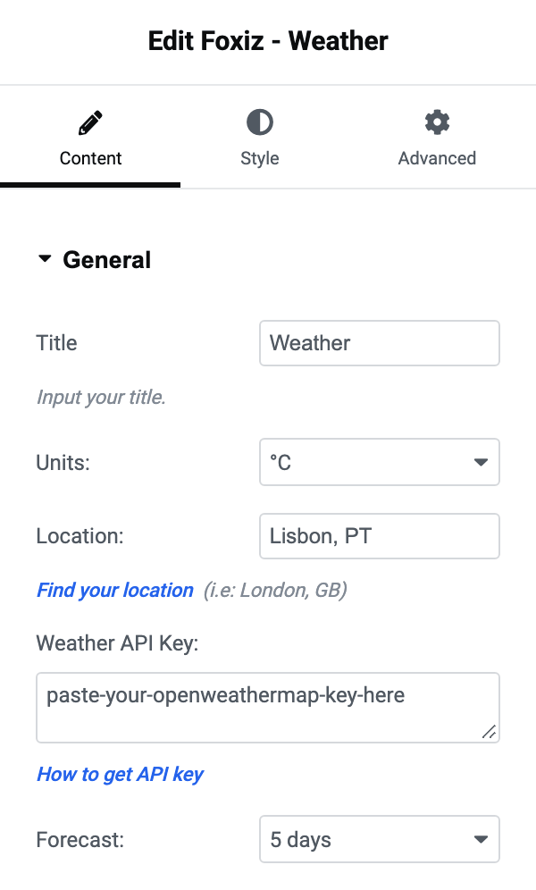 The General section of Foxiz - Weather: Title, Units, Location, Weather API Key and Forecast