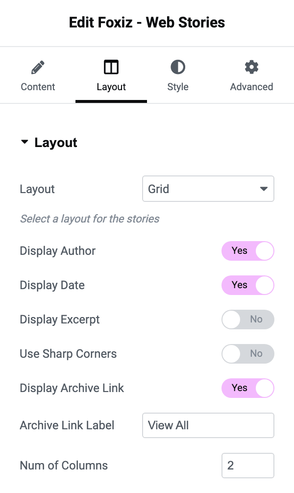 The Layout tab of Foxiz - Web Stories: Layout, Display Author, Display Date, Display Excerpt, Use Sharp Corners, Display Archive Link, Archive Link Label and Num of Columns
