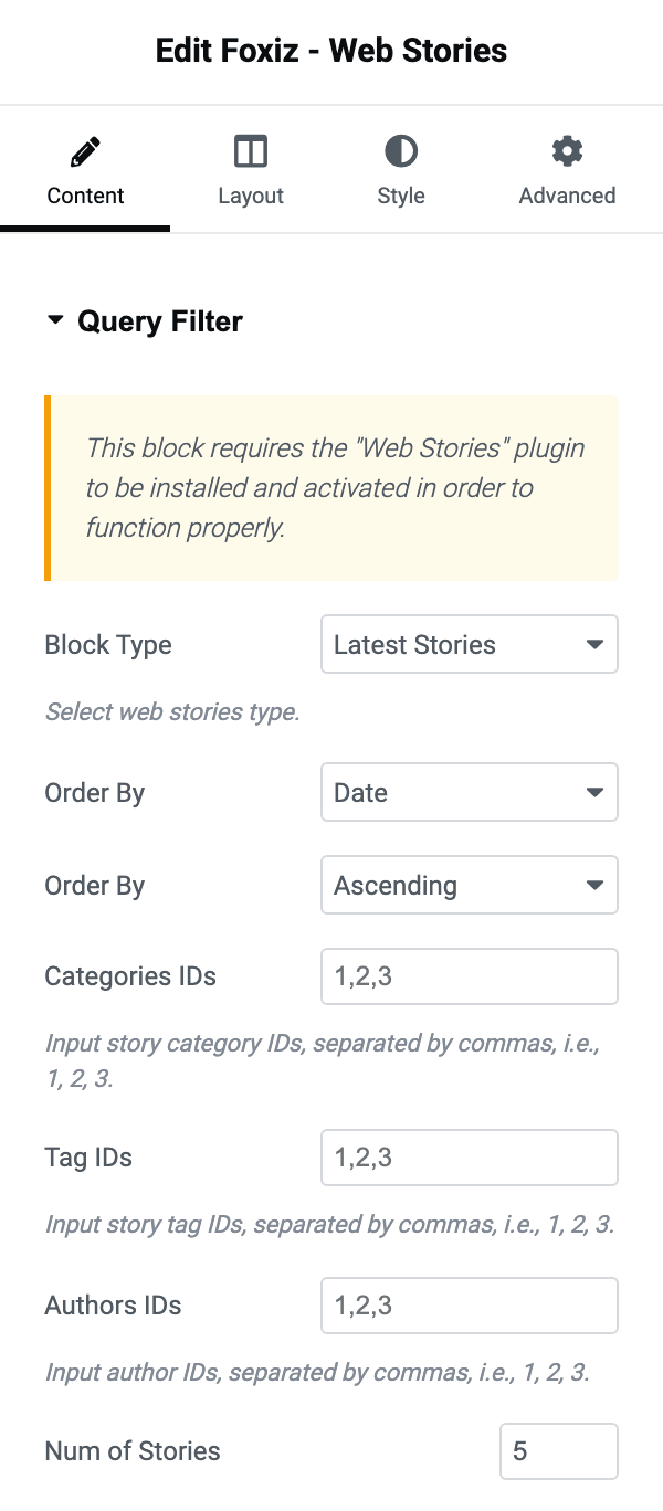 The Query Filter section of the Foxiz - Web Stories block