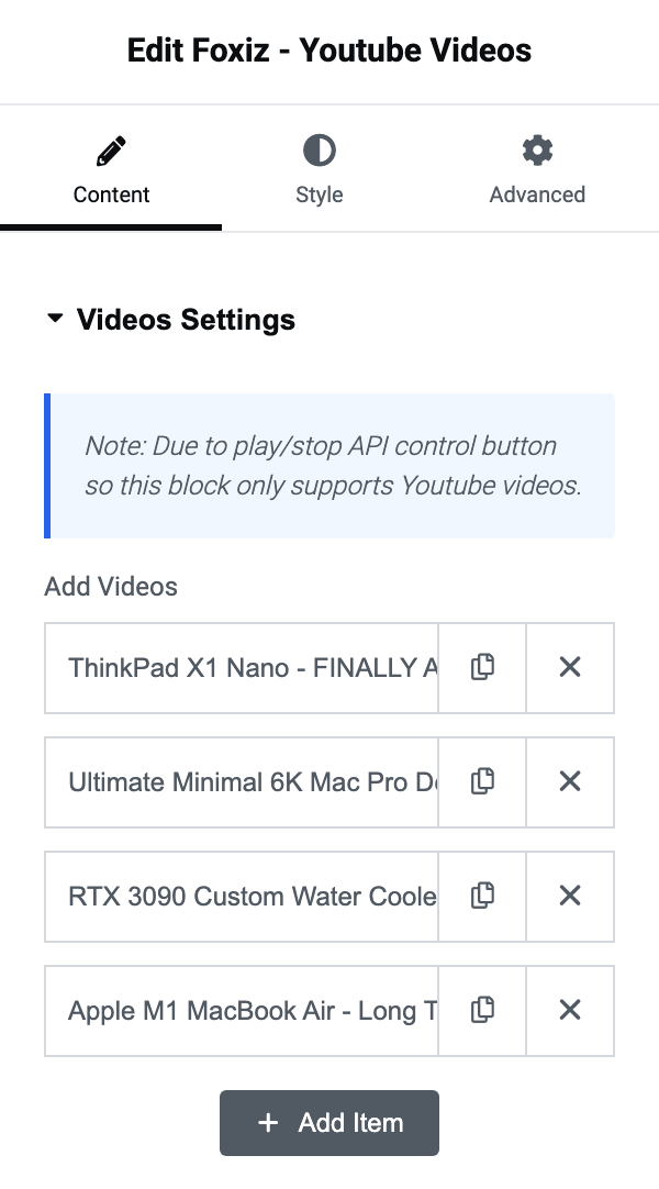 The Videos Settings section of the Foxiz - Youtube Videos block, with four videos added