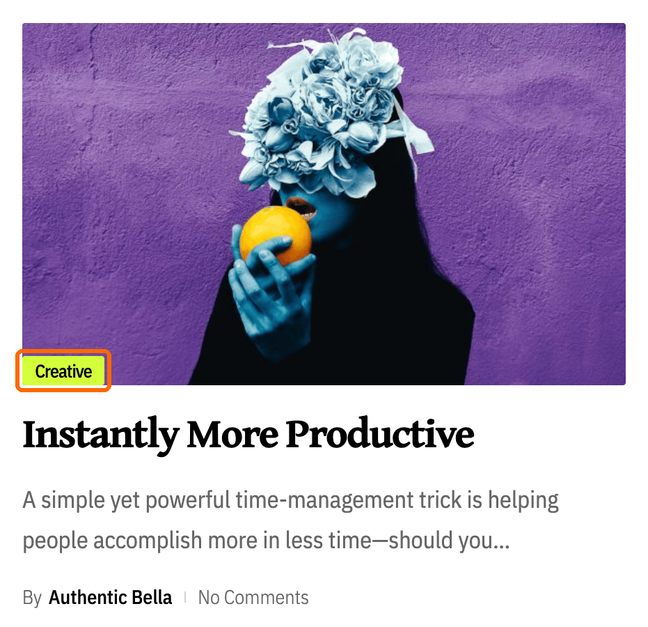 A post card in a listing: the featured image with the category label Creative on its bottom left corner, outlined in orange, then the title Instantly More Productive, the excerpt and the By Authentic Bella line