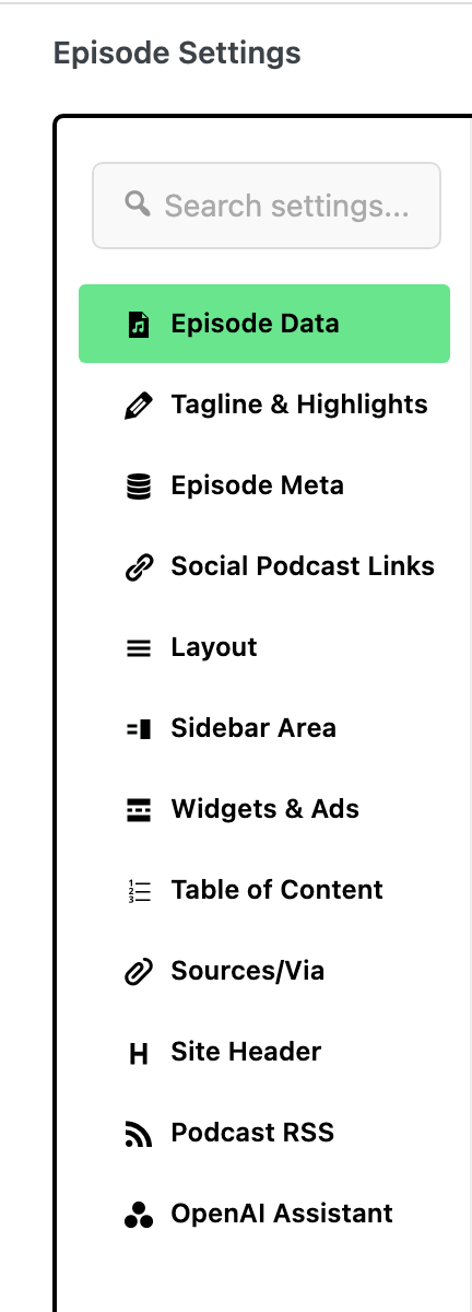 The Episode Settings box with its tab list, Episode Data selected at the top