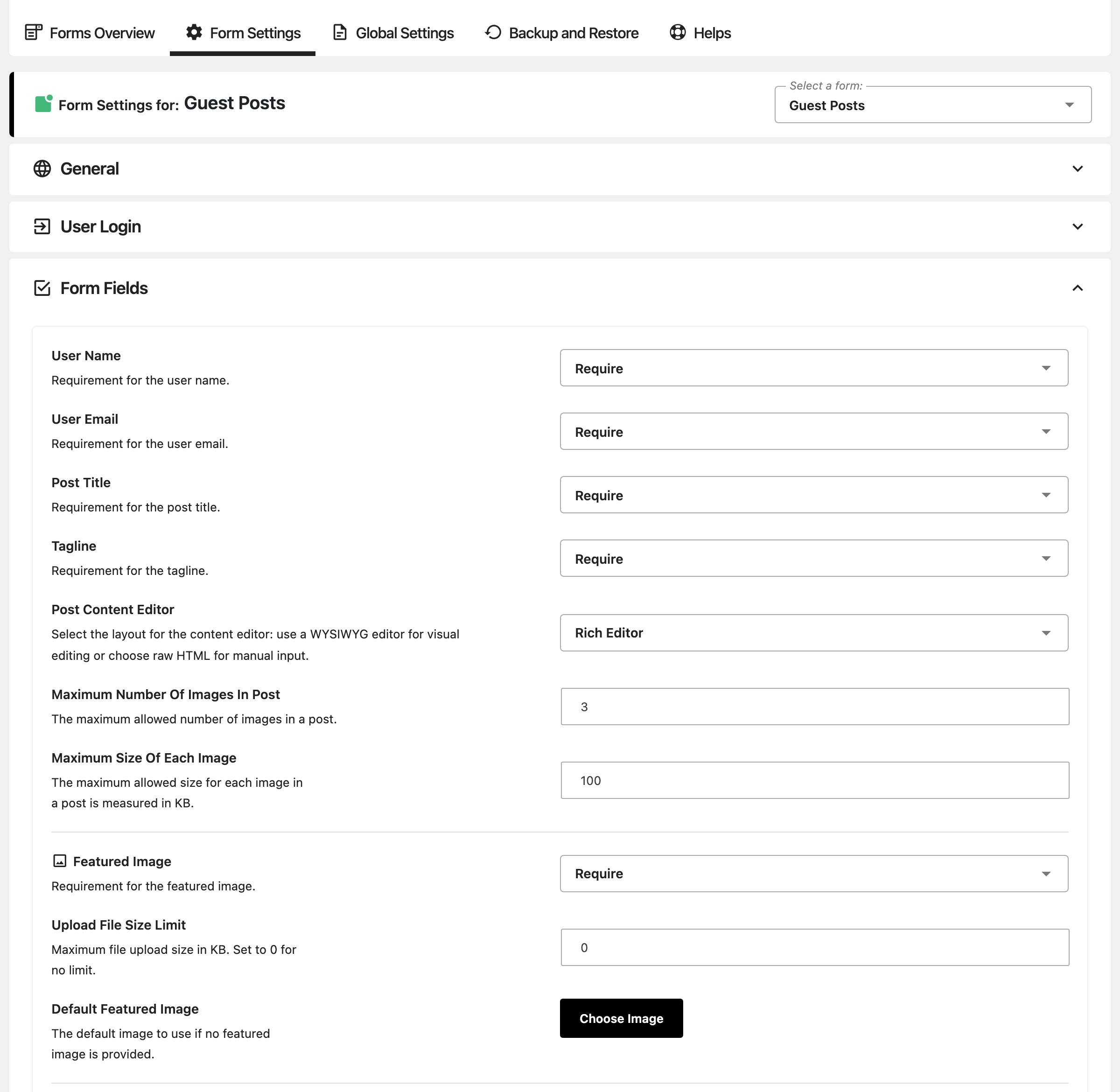 Form Settings for Guest Posts, Form Fields group, first half: User Name, User Email, Post Title and Tagline on Require, Post Content Editor on Rich Editor, the image limits and the Featured Image fields