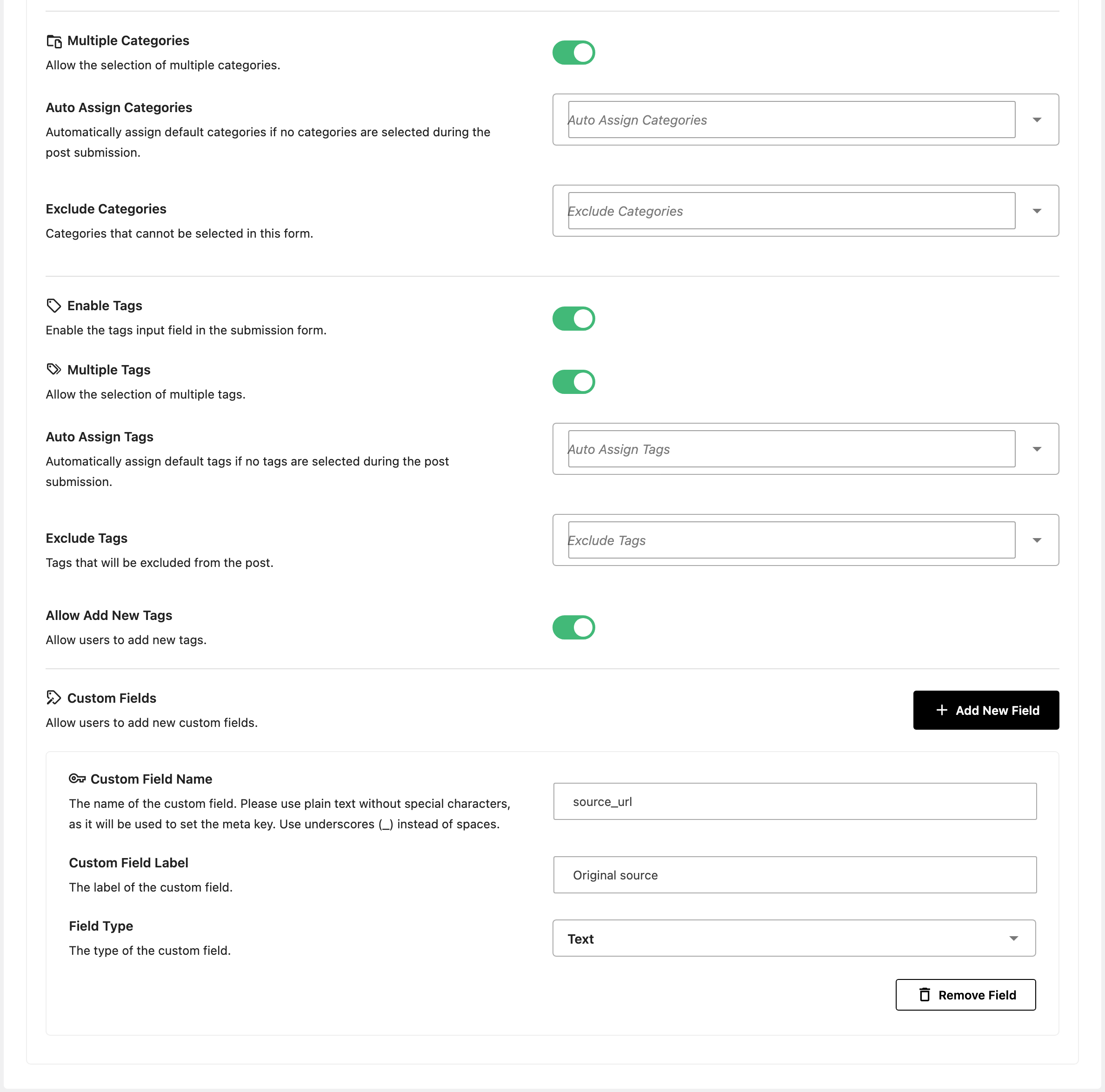The second half of the Form Fields group: the category and tag switches and pickers, and one custom field, source_url labelled Original source