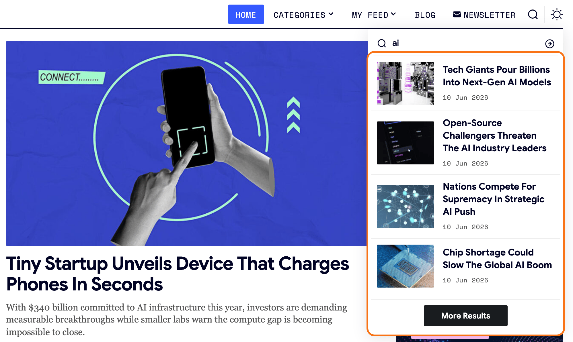The Signal demo header search with Live Search Result on: the word ai typed in the standalone search box and the live results listed under it, outlined in orange, four posts with thumbnails and dates and a More Results button