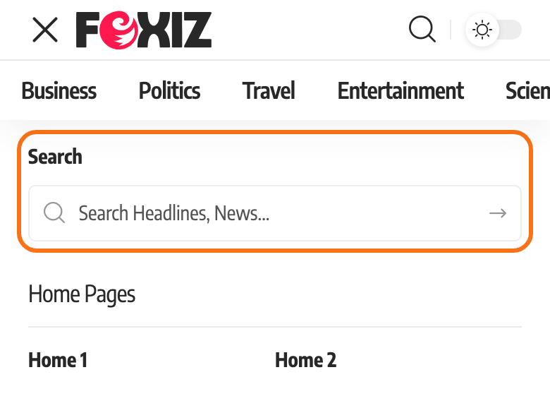 The Default demo on a 390px wide phone after a tap on the search icon in the mobile header: the slide open panel open, its Search heading and search box at the top outlined in orange, with the start of the Home Pages menu below