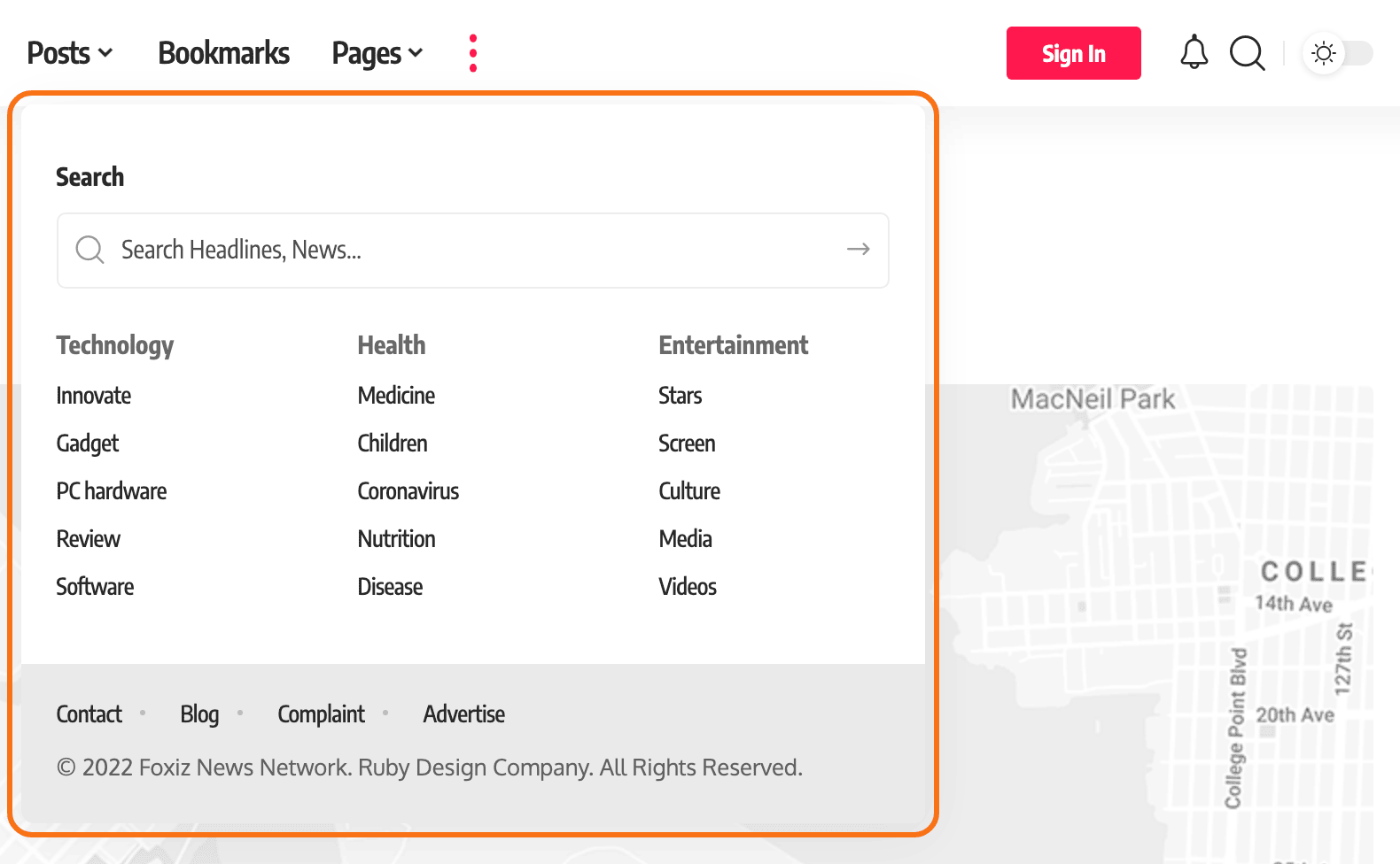 The Default demo header in the Search Form Inside the More Menu Dropdown mode, after a click on the search icon: the More dropdown open under the three dots, outlined in orange, with the Search heading and search box at its top, then the category links and the footer links